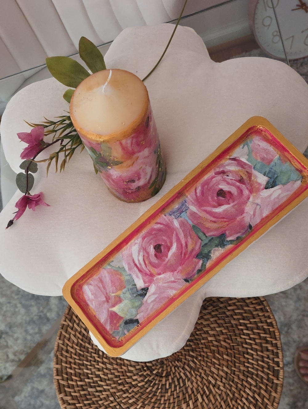 Decorative Painted Pink Rose Candle w/ wooden Trinket Tray Set
